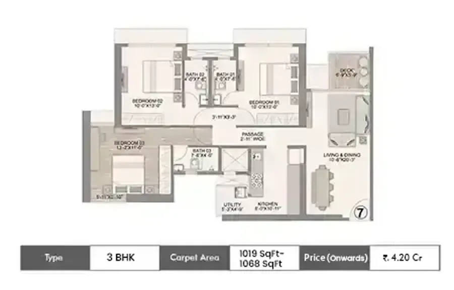 Chandak Treesourus 3 BHK floor plan, 1019 sq ft carpet area